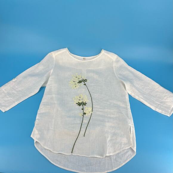 White Linen Floral Embroidered Tunic Blouse Top (S) - Picture 10 of 10